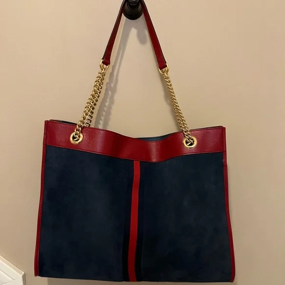 GUCCI Red Leather & Navy Suede Chain Strap Tote Bag. EUC!!!! No callouts!! - Picture 2 of 16